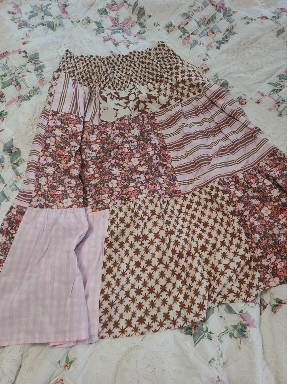 Universal Thread Patchwork Maxi Skirt - Pink & Brown Floral Mix Smocked Waist - Picture 5 of 5